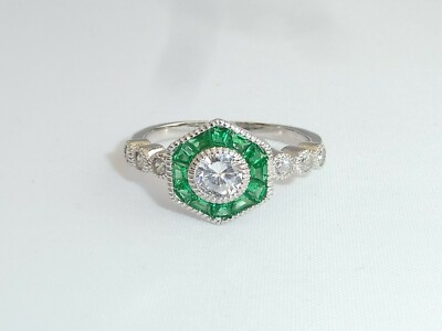  Damen Ring Art Deco Design 925 Sterling Silber weißer Saphir & grüner Smaragd 