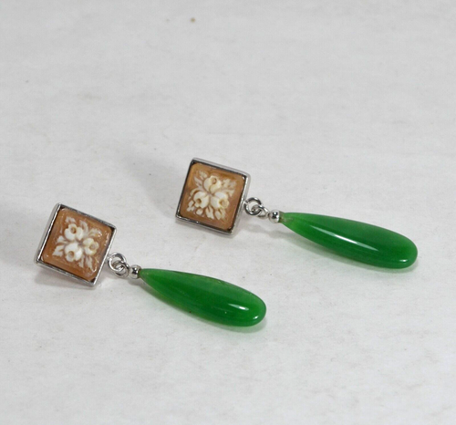 ORECCHINI ARGENTO 925 CAMMEI QUADRATI E PENDOLI GIADA AGHT 0536 - Foto 2 di 3