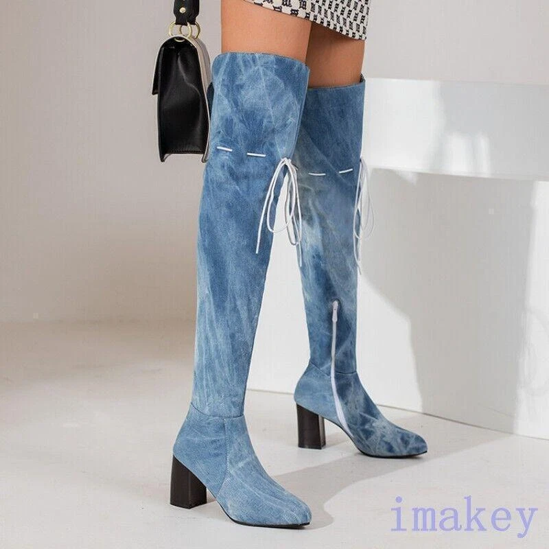 Botas retro para mujer de tela de mezclilla con tacón ancho sobre la rodilla de vaquero informales ropa de club nocturno Foto 2 de 4