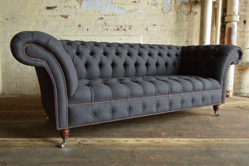 MODERN HANDMADE 3 SEATER CHARCOAL GREY WOOL CHESTERFIELD SOFA COUCH CHAIR