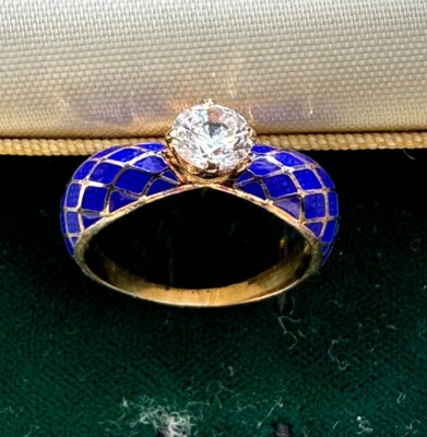Antiker Stil vergoldeter Silber & kubischer Zirkonia & Emaille Ring. Größe N