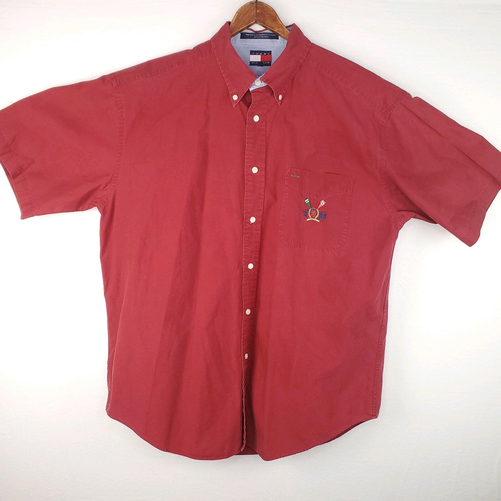FILA Vintage Tommy Hilfiger Mens Shirt L Short Sleeve Button Up Rowing Red Retro 90s