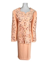 NIGHT STUDIO NY 2PC Coral Beaded Polyester Embroidered Collarless Skirt Size 22