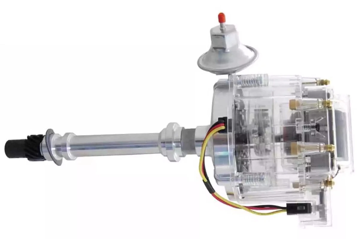 An OEG HEI distributor for small-block and big-block General Motors V-8 engines with a clear cap, displayed on a white background.