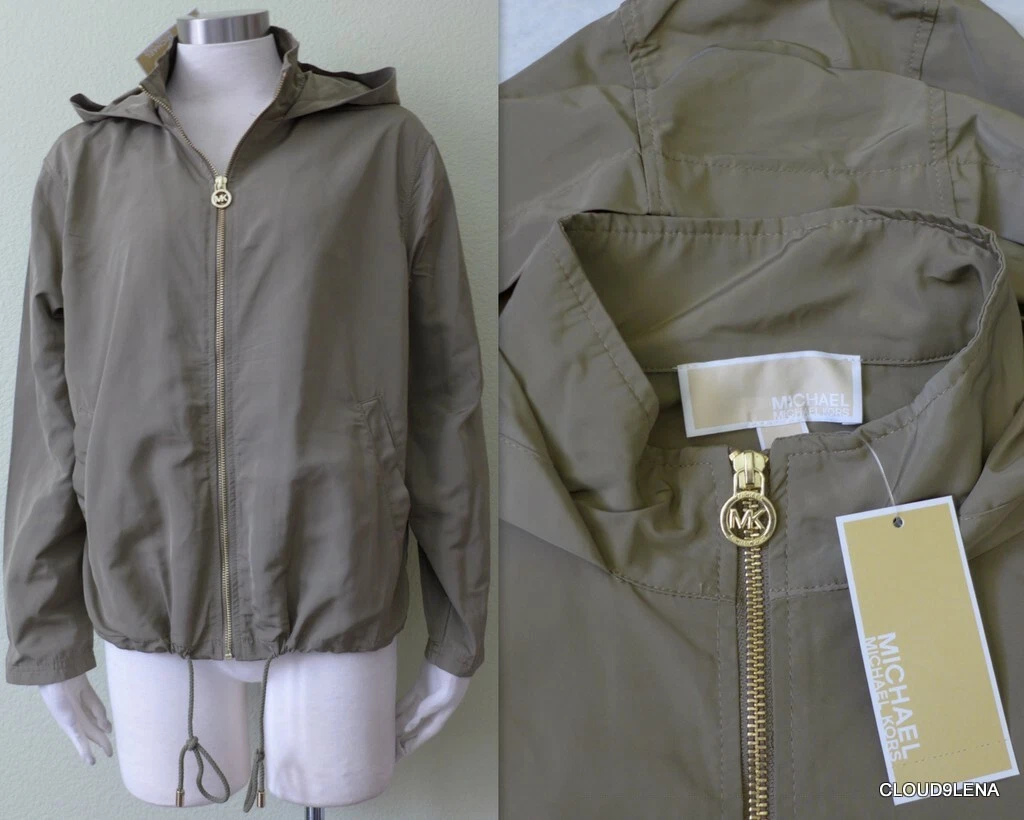 Giacca a vento MICHAEL KORS confezionabile con cappuccio Safari verde MK logo S M XL nuova con etichette