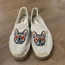 Soludos Shoes Womens Size 7.5 Beige Canvas Espadrilles French Bulldog Patch