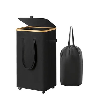 Black 60L Rolling Laundry Hamper Basket Lid Handle Wheels Removable Bag