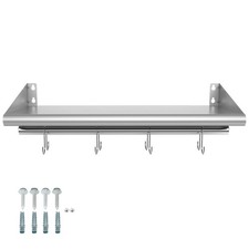 12" x 24" Stainless Steel Shelf with 4 Hooks, Wall Mounted Floating Shelving ...