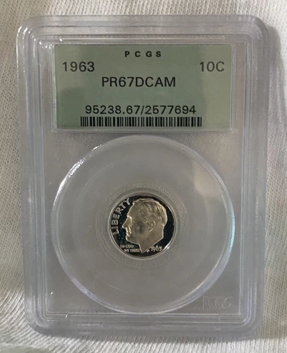 1963 PCGS PR67 DCAM ROOSEVELT DIME !!LOW POP=404!!DEEP CAMEO!!OLD GREEN HOLDER!!