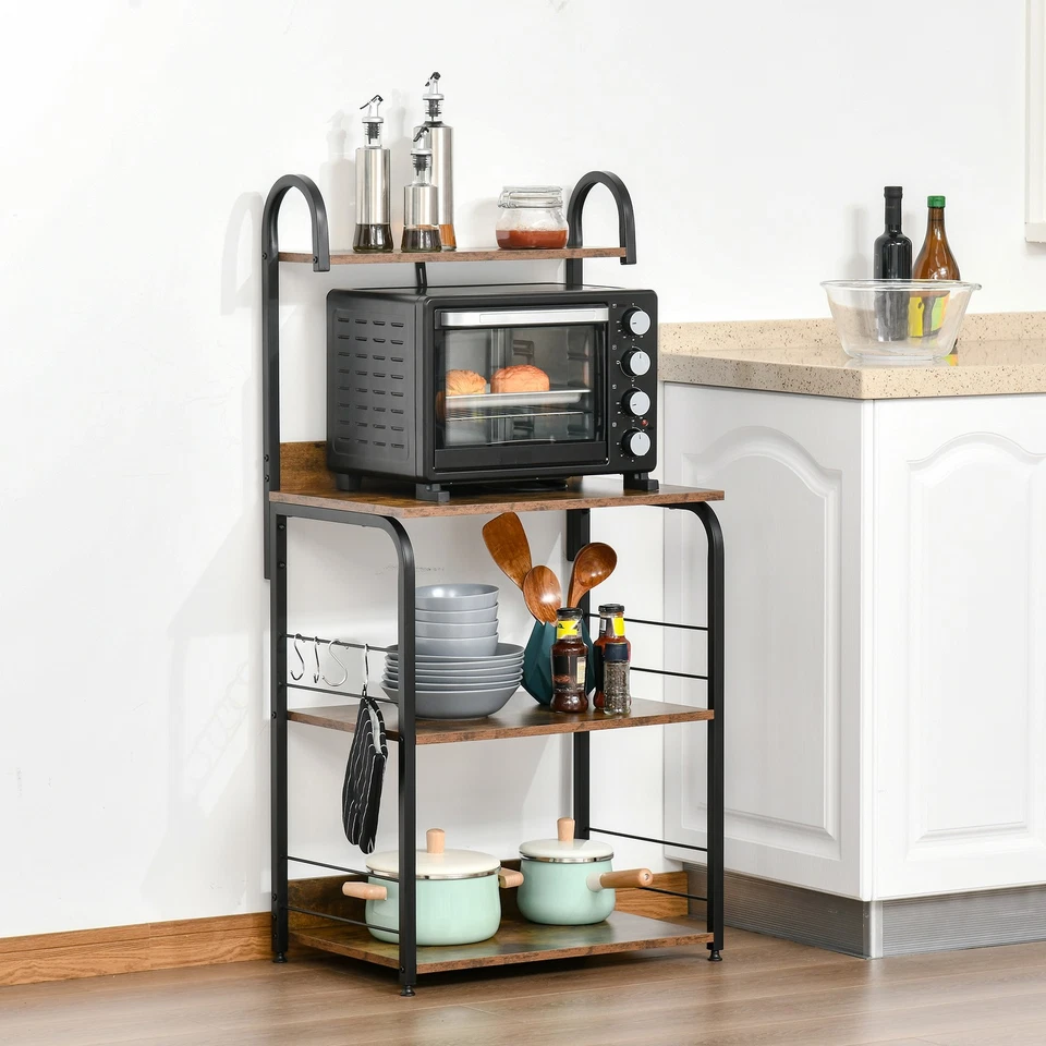 HOMCOM Mobiletto per Microonde 4 Ripiani e 4 Ganci Acciaio e Legno 60x40x125cm - Immagine 2 di 4