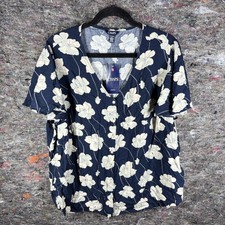 Chaps Shirt Womens 1X Blue White Floral Print Button Up Short Sleeve Viscose Top