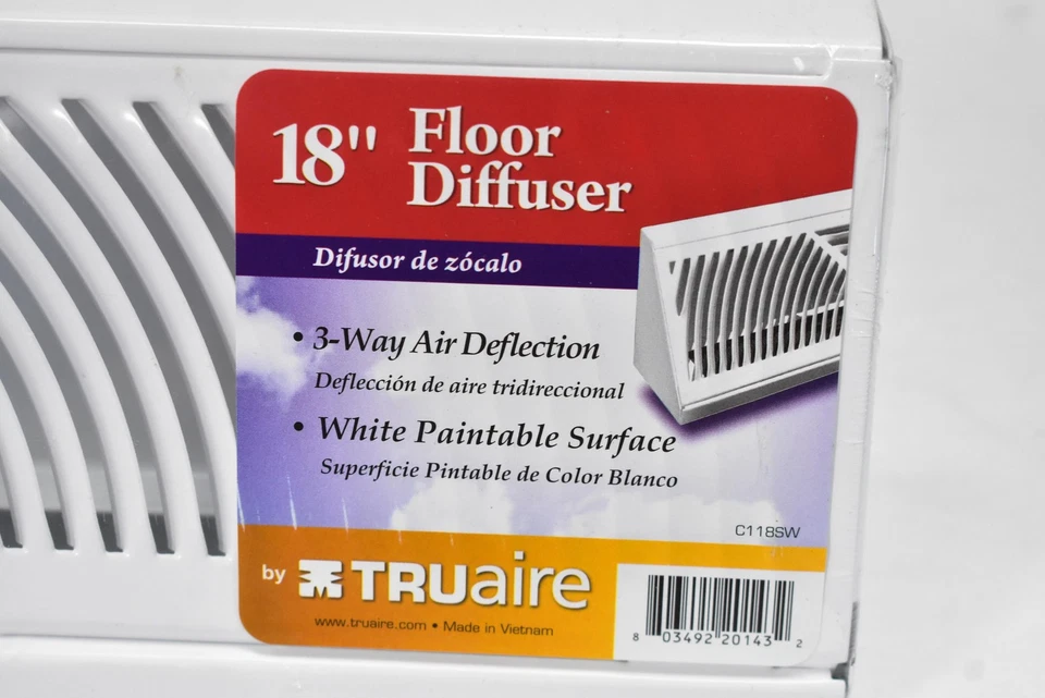 TRUaire 18 Inch Floor Diffuser C118SW White Paintable 3-Way Air Vent Register - Image 4 of 4