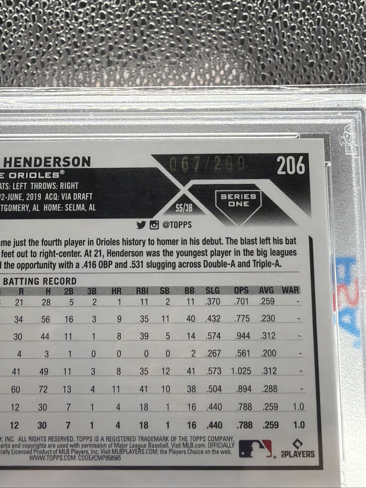 2023 Topps Gunnar Henderson RC Orange 67/299 Orioles PSA 10 Rookie Baltimore view 3