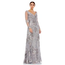 Mac Duggal 16 platinum embellished v neck illusion long sleeve gown mother bride