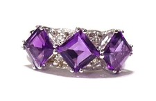 AA Amethyst  White Topaz Ring, Set in Fine Rhodium Plated 925 Silver, Size 7