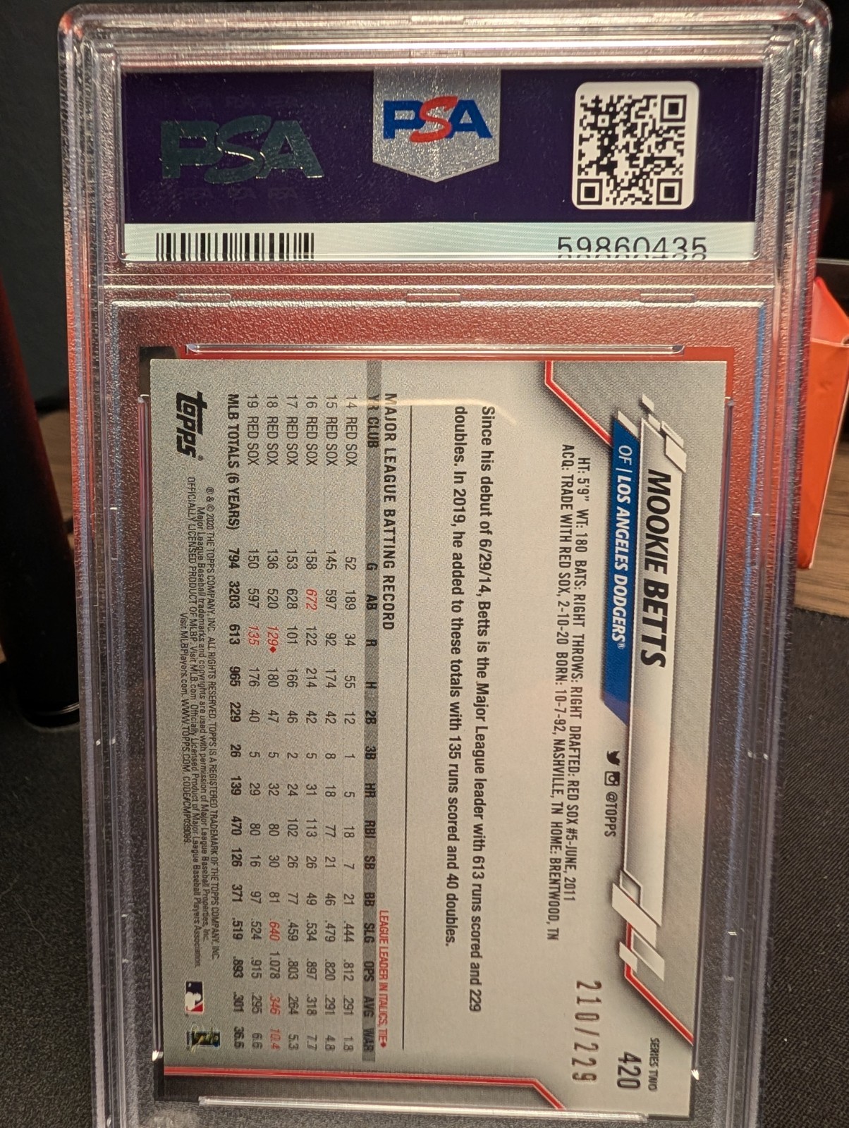 2020 Mookie Betts Hobby Foilboard 210/229 PSA 10 Dodgers Numbered view 2