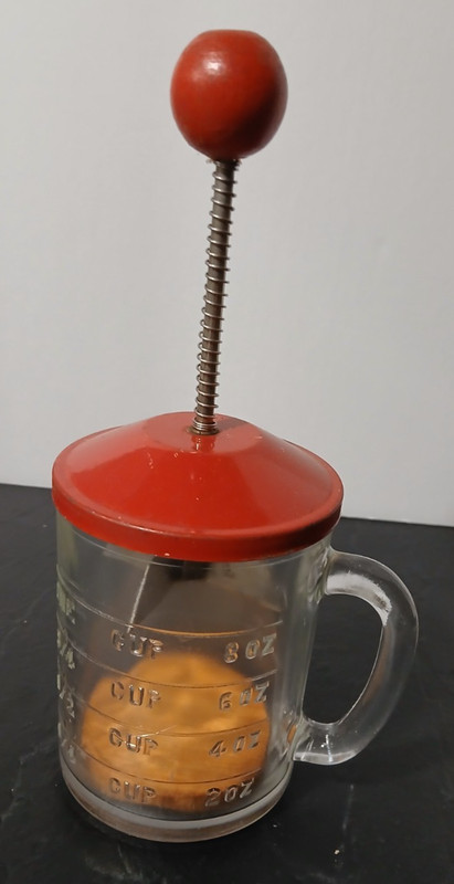 Vintage Hazel Atlas 1 Cup Glass Food/Nut Chopper w/Red Lid/Knob