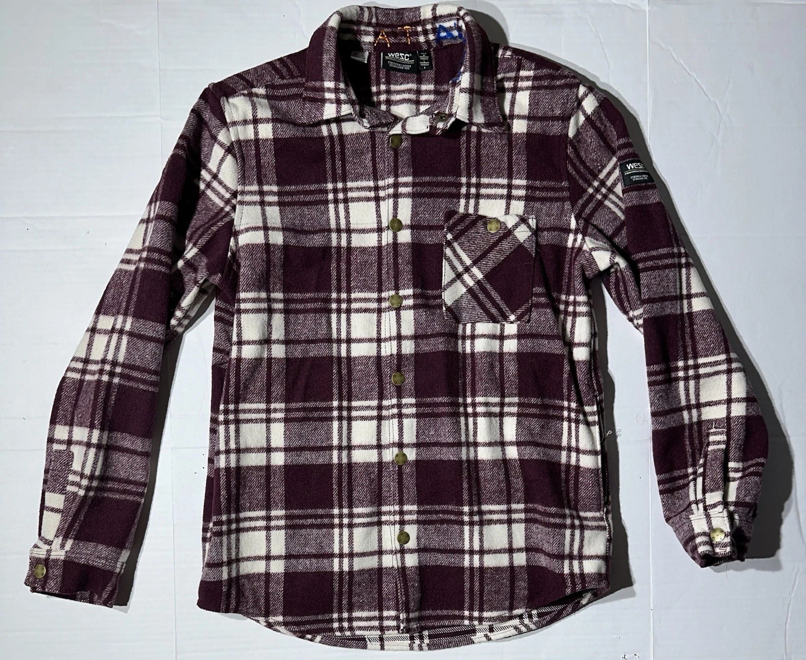 WeSC Snap Button Plaid Shirt Flannel Medium Red and White