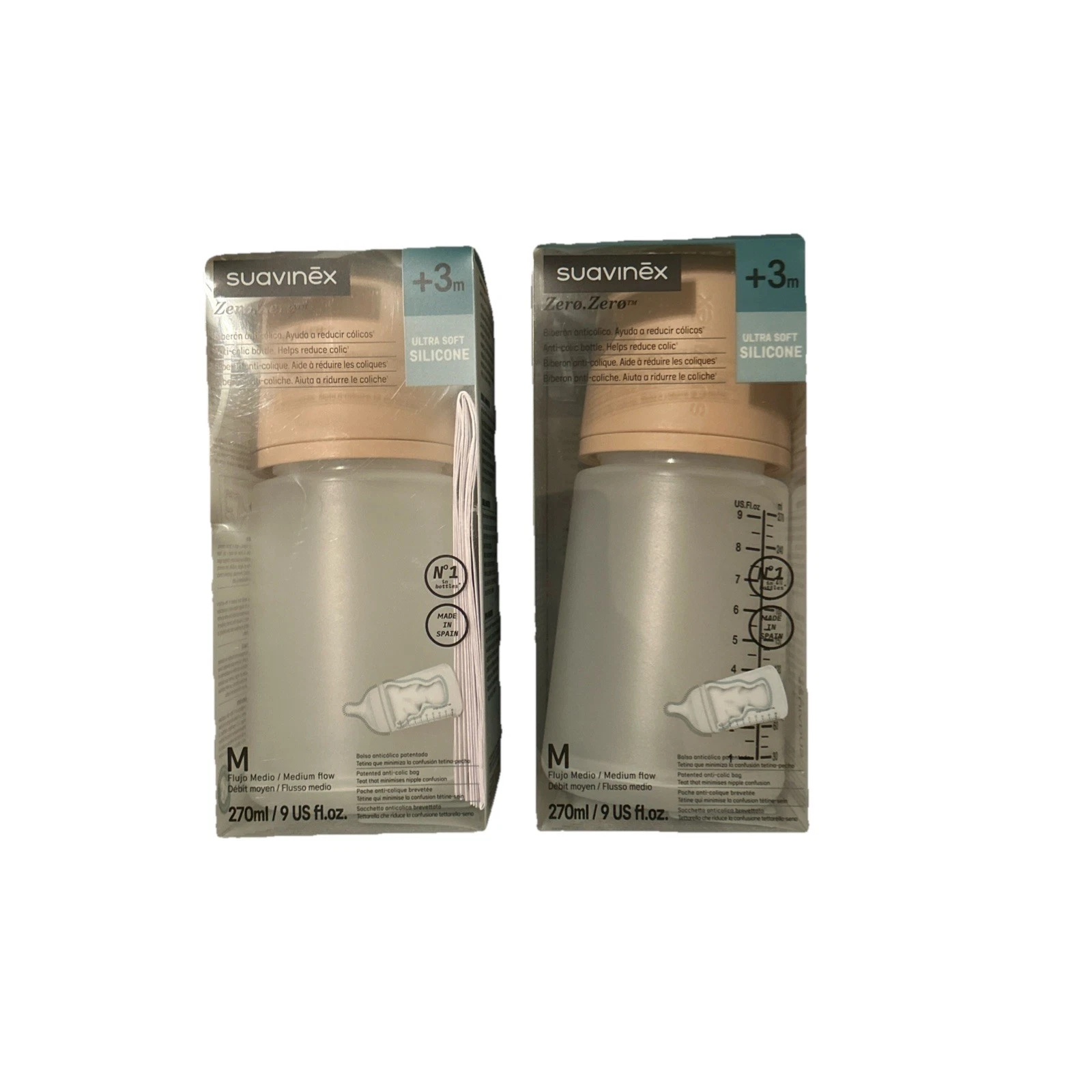 Suavinex Zero Zero Baby Bottle 9 oz Anti Colic Medium Flow Silicone +3m 2 Pack