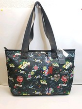Ed Hardy Black Floral Tattoo "MOM" Print Large Tote Bag Charm Accents New