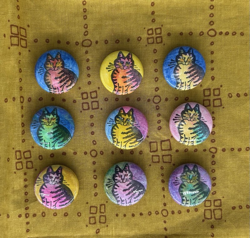 Lot Of 9 😸Handmade😸 1 Inch Cat Pin Buttons Stamped Ink Colored Pencil Pinback