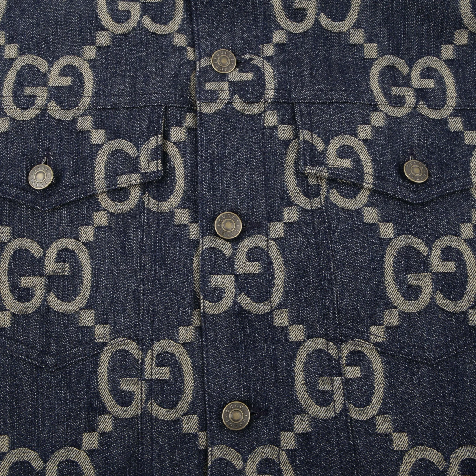 Gilet Gucci blu avorio Jumbo GG jacquard denim ananas 674339 49280772