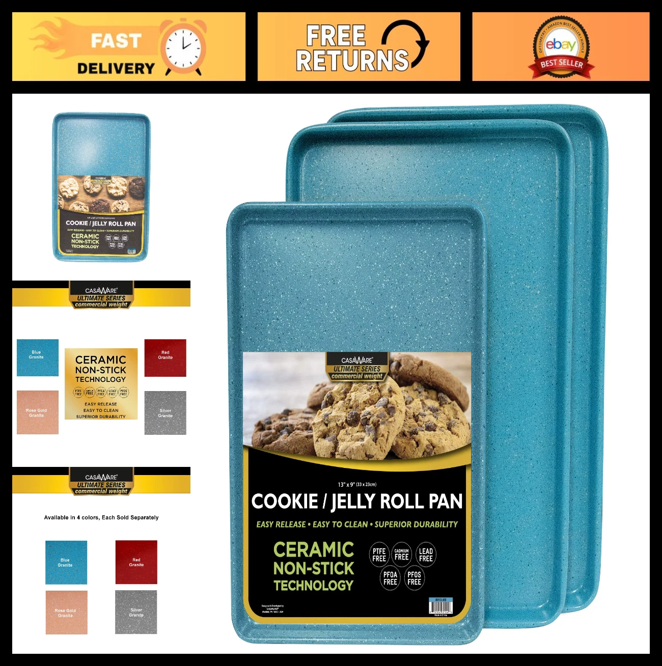 3pc Commercial Weight Cookie Sheet Set - 15x10 & 13x9 Inch Pans, Blue Granite Fi