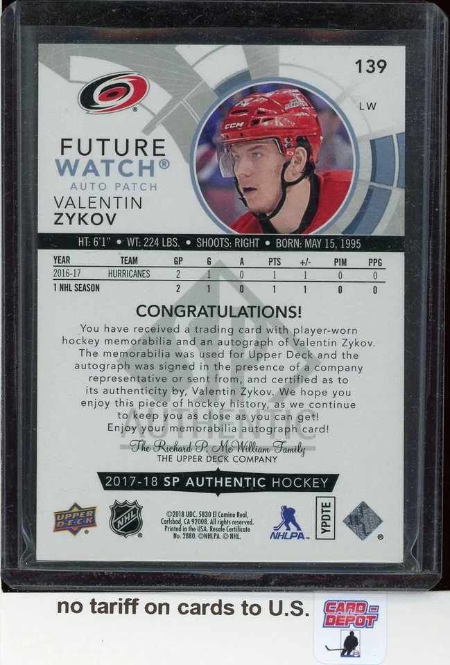 2017-18 SP Authentic FW Limited Patch Autographs #139 Valentin Zykov 17/100 - Image 2 of 2
