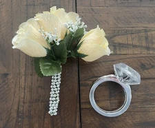 Jumbo Fake Diamond Ring & Flower Bouquet Bachelorette Party Gift Lot Of 2 Gifts