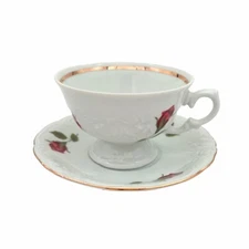 Royal Kent Poland RKT7 Red Roses Footed Cup and Saucer Set Gold Trim Scalloped