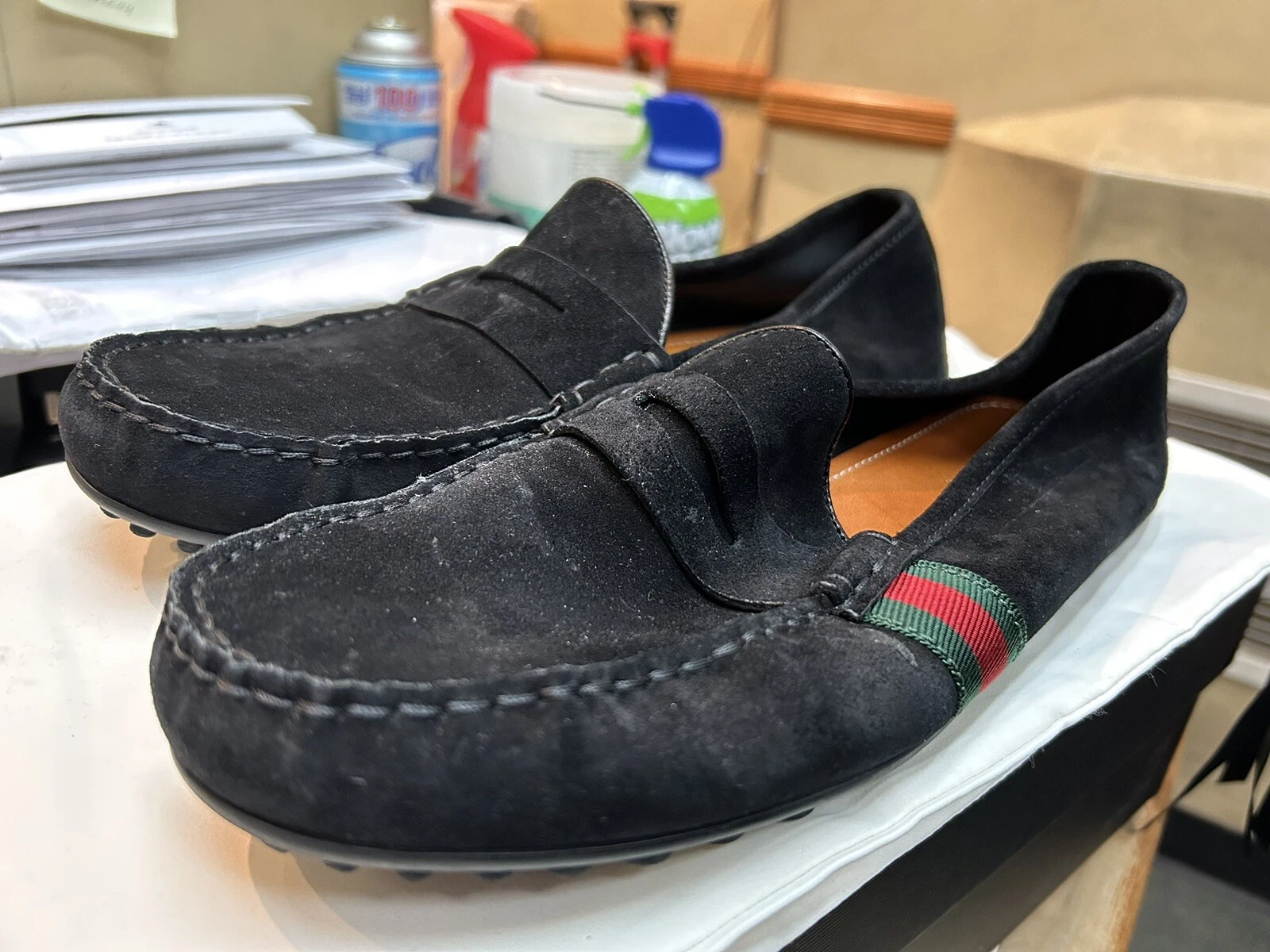 Mocassins homme Gucci Web Accent noir en daim drivers taille 9 UK 9,5 US 566294