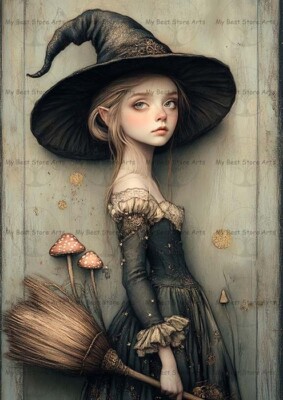 MYSTICAL WITCH ART PRINT, Witchy Gothic Decor, Cottagecore Broom Poster F227
