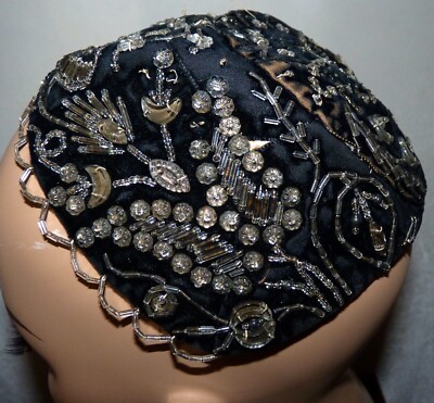 Vintage 20s 1930s Crystal Beaded SCULL CAP VELVET HAT | eBay