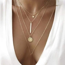 Multi (Four) Layer Long Chain Pendant Choker Necklace Jewelry - Boho Women Gold