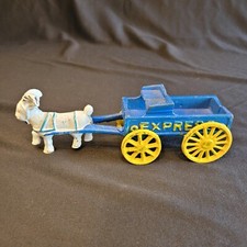 Vintage Blue White Yellow Cast Iron "Express" Goat Ram Bovine Pulling Wagon Toy