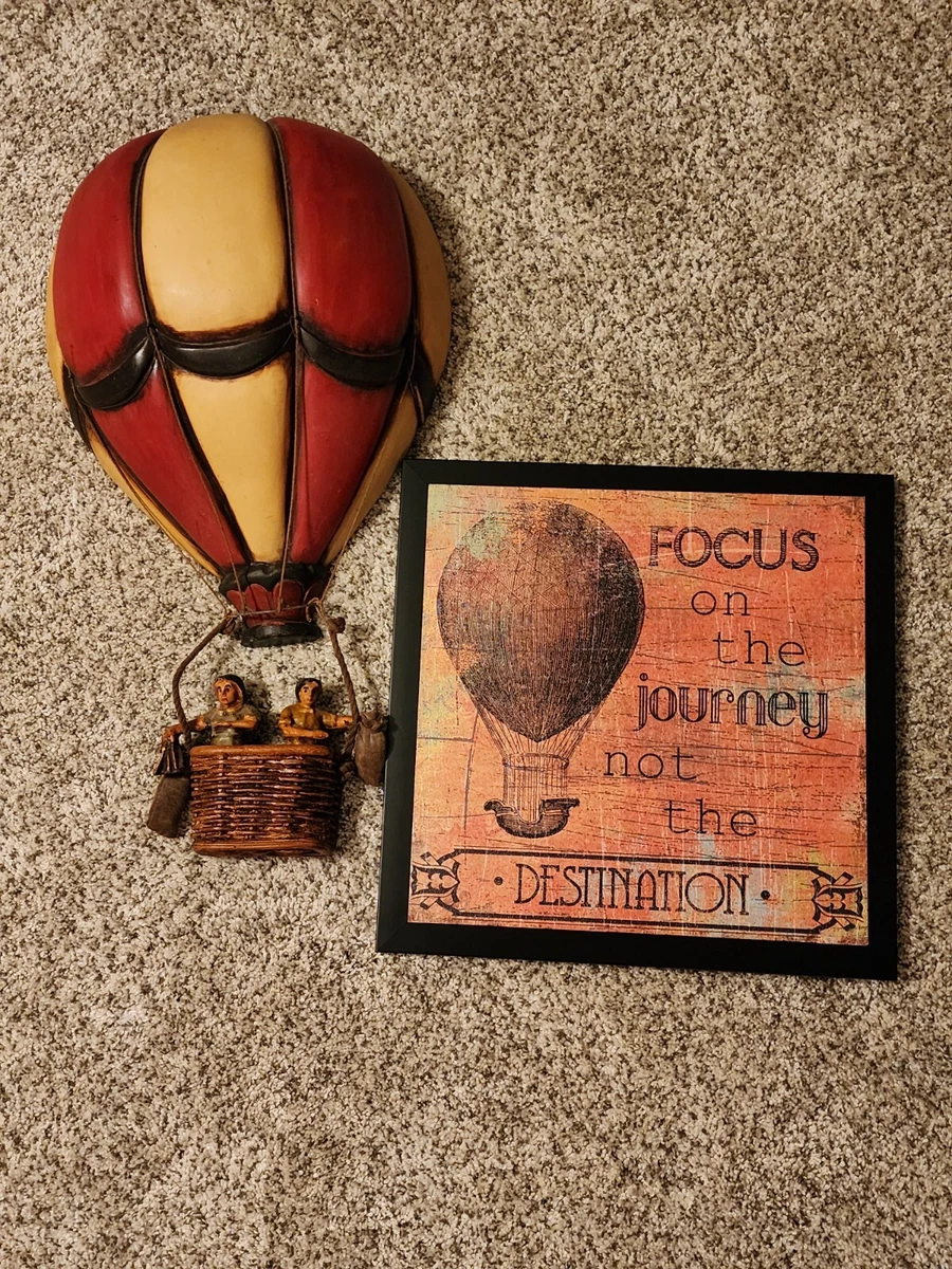 Vintage Hanging Wooden Hot Air Balloon 2 Figurines in Basket and frame artwork