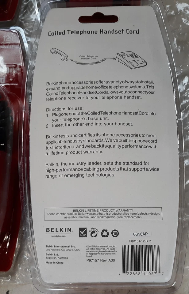 批量 14 条贝尔金卷绕电话听筒线 12 英尺 全新 * 密封 * — 第 2/3 张图片