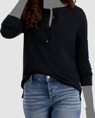 $39 Style & Co Women's Black Long Sleeves Henley Top Petite Size PM