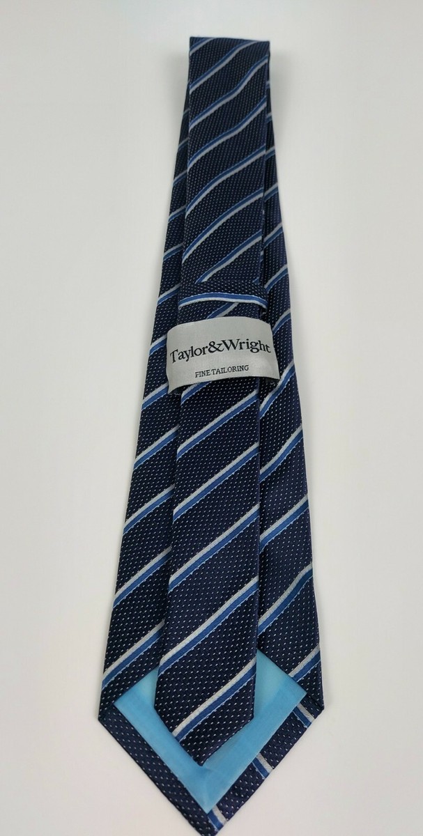 Cravate Homme Taylor And Wright - Bleu Marine à Rayures Blanches, 100% Soie, Occasion, Longueur 150cm