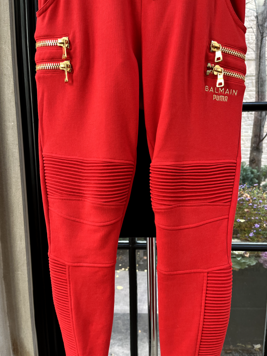 BALMAIN X PUMA Collab Red Biker Stretch Sweatpants Leggings