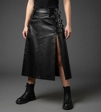 Women's Genuine Leather Slit Skirt Elegant High Waist Casual Chic Outfit