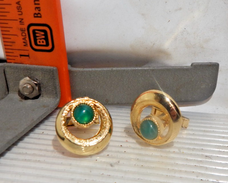 Gold-ton with green stone cufflinks pair - Marked USA & Pat Pend 