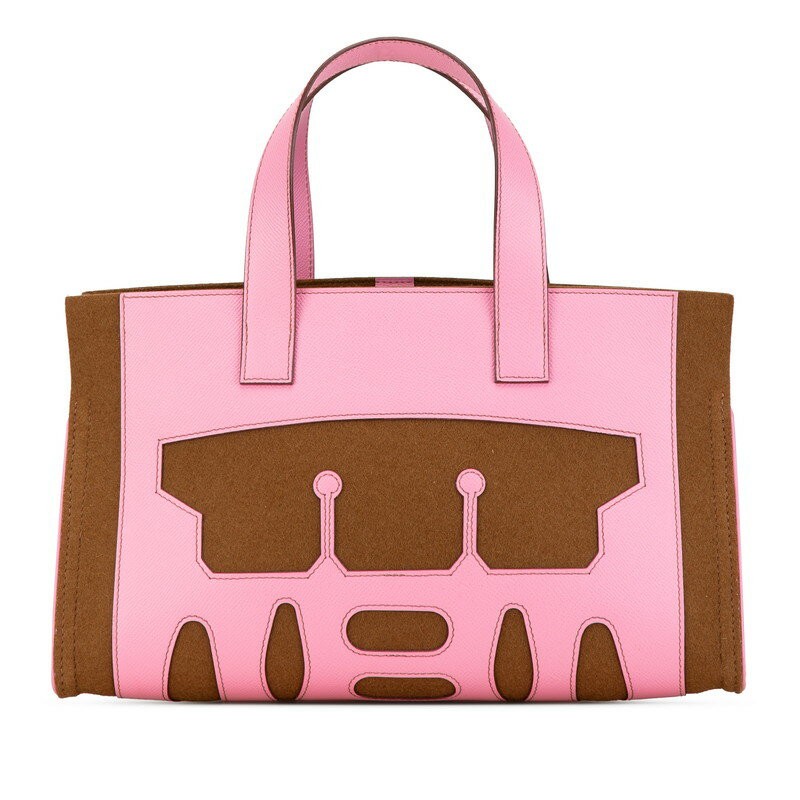 Hermes Petit H Tote PM Women Bag Handbag Brown Felt Pink Veau Epsom Leather 99