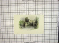 Original Old Antique Print Keep Tower Moat Trees Raglan Colour