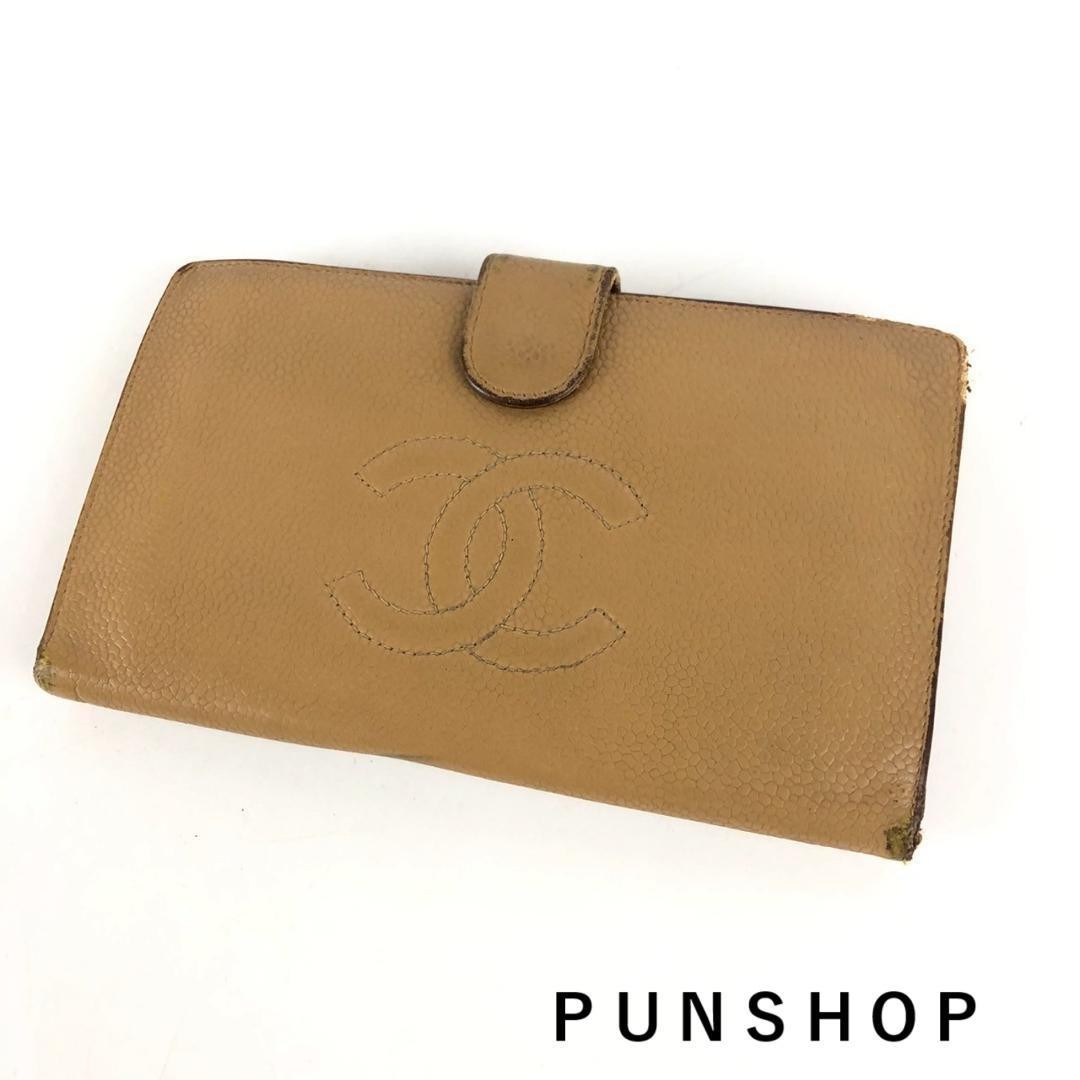 CHANEL Coco Mark Leather Beige Clutch Long Wallet YB548800