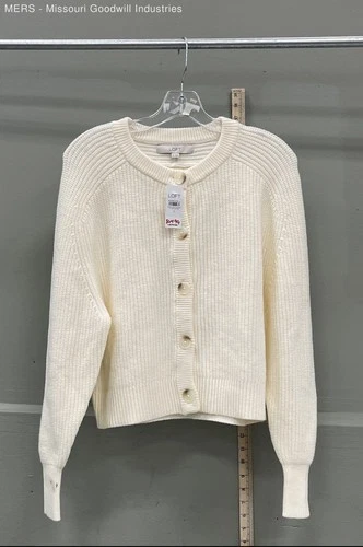 Loft Women's Cardigan Sweater White Ribbed Knit Button Front NWT Sz S
