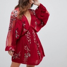 Free People Bonjour Embroidered Red Mesh Small Dress