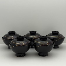 Japanese Suimonowan Lacquered Soup Bowl / Lidded Bowl Set of 5 Made in Japan