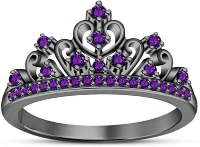 1CT Lab Create Amethyst Silver Women Crown Engagement Ring 14k Black Gold Plated