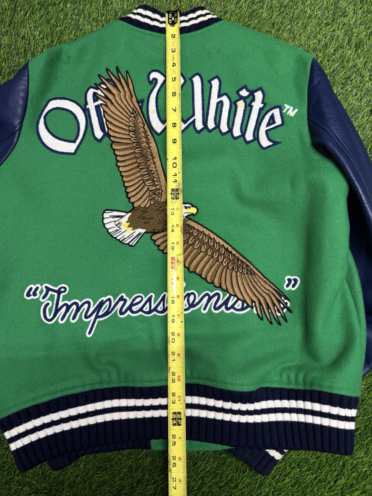 OFF WHITE Eagle Varsity Jacket Green & Blue Size … - image 13